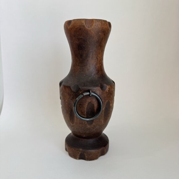 Vintage Carved Wood Vase Hand Turned Metal O Ring Handles Polynesian Tiki Style - Picture 5 of 9